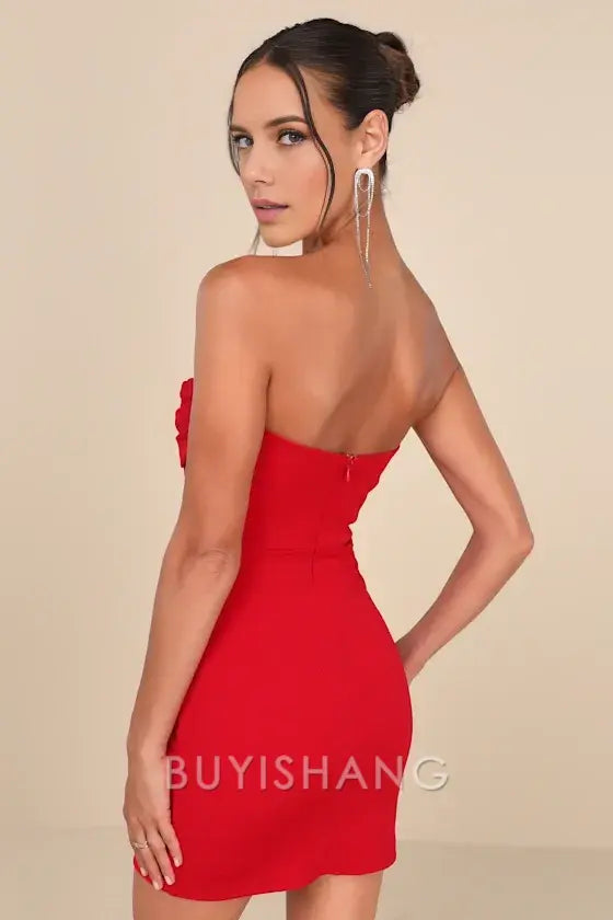 Buyishang Elegant Homecoming Dresses Dramatic Intent Red Strapless Corset Bodycon Mini Dress short for women